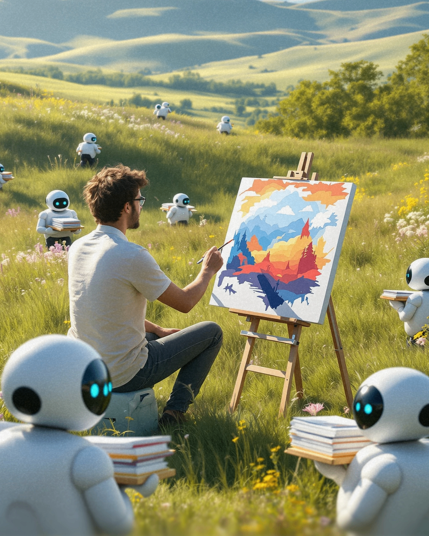 Illustration of a creative entrepreneur supported by custom AI assistants — the Wealthy Creatives AI Creative Studio