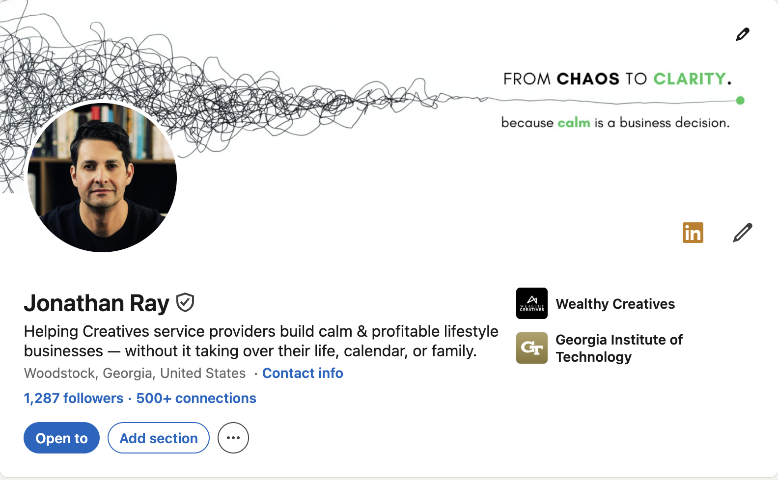 Jonathan Ray's LinkedIn profile — Helping creative service providers build calm & profitable lifestyle businesses